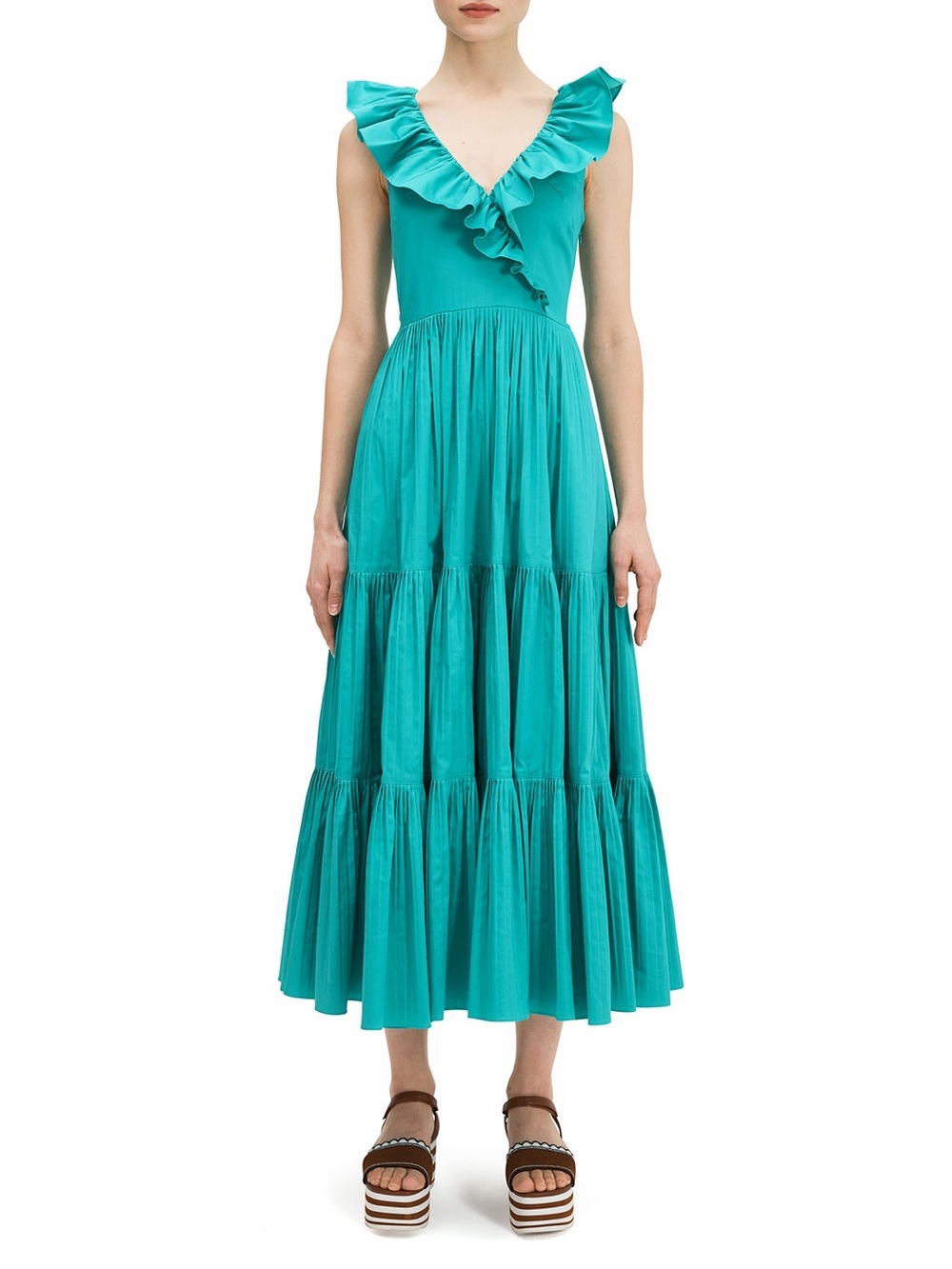 kate spade Ruffle V-Neck Tiered Poplin Midi Dress